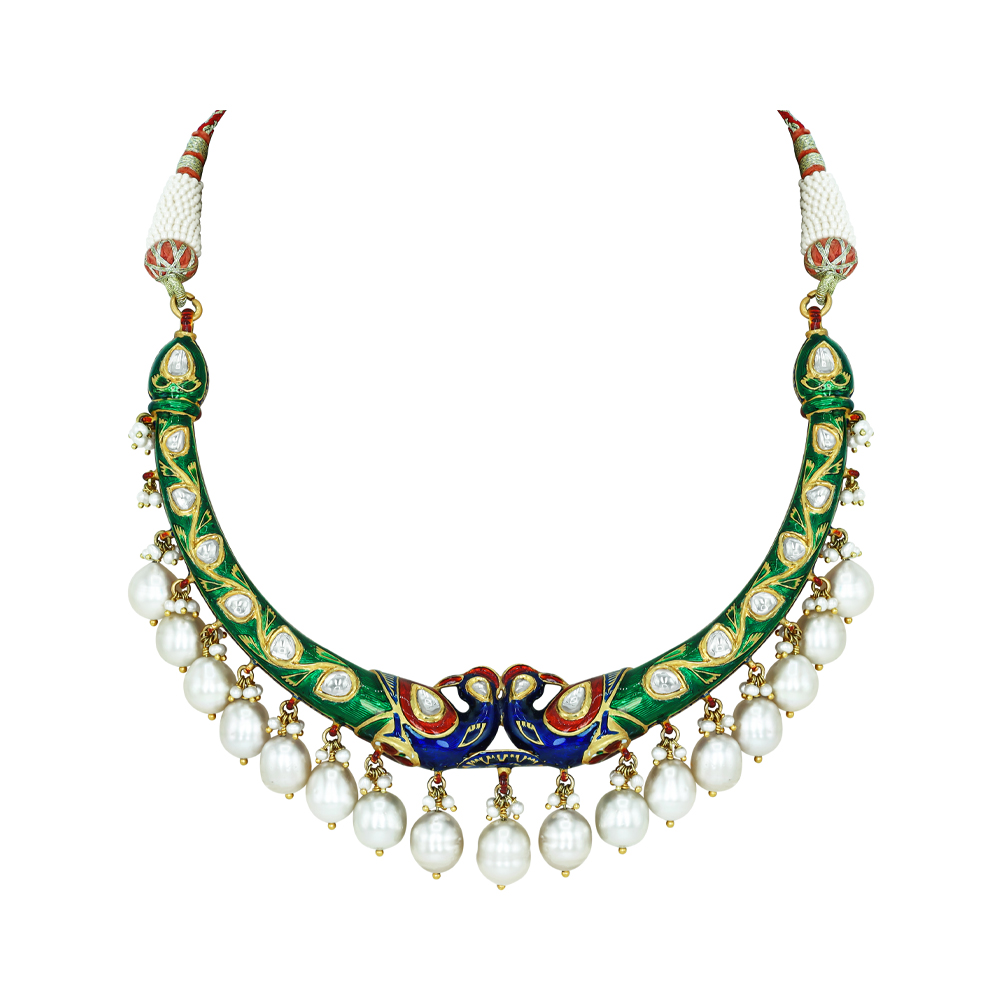 Peacock Motif Enamel Necklace Set with Polki and Pearl Drops